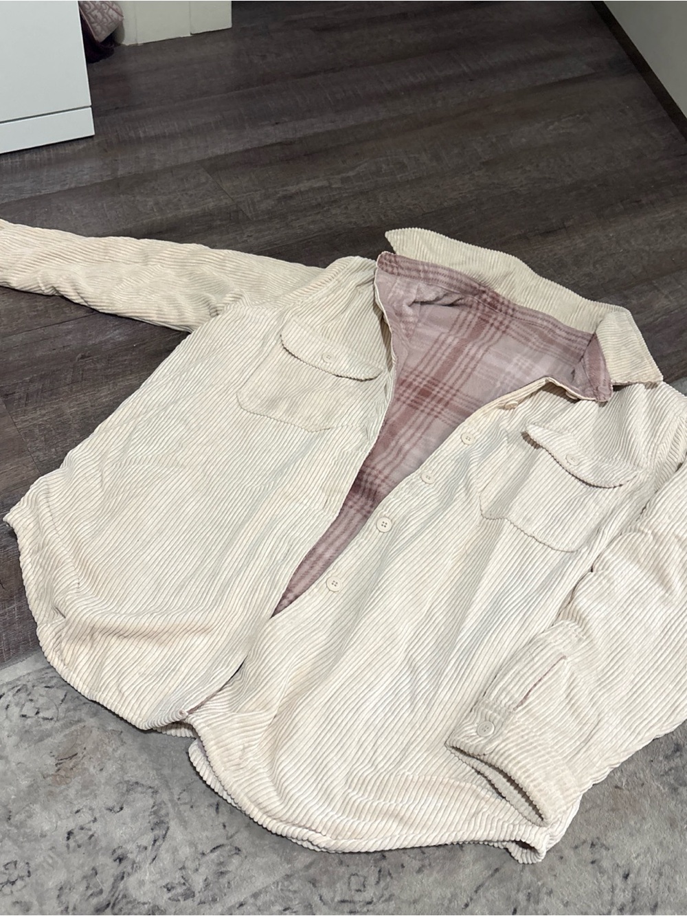 Corduroy Button-Up Shacket in Cream with Pink Plaid Lining